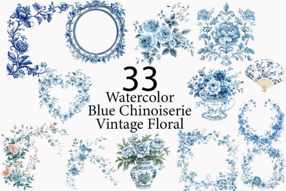Blue Chinoiserie Vintage Floral Clipart: A Designer's Toolkit