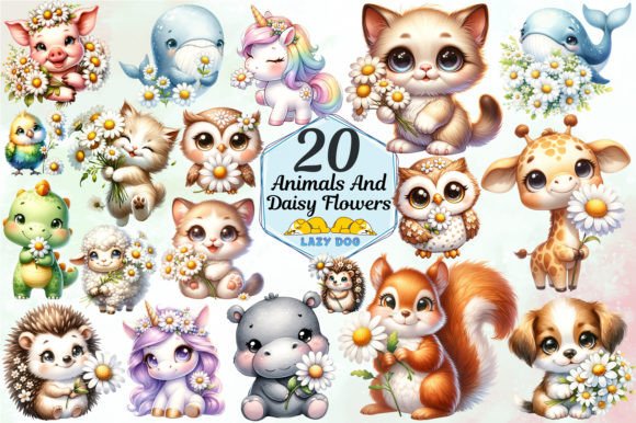 Cute Animals & Daisy Flowers: A Design Set for Whimsical Projects