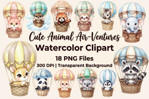 Magical Nursery Decor: The Cute Animal Air Balloon Clipart Bundle